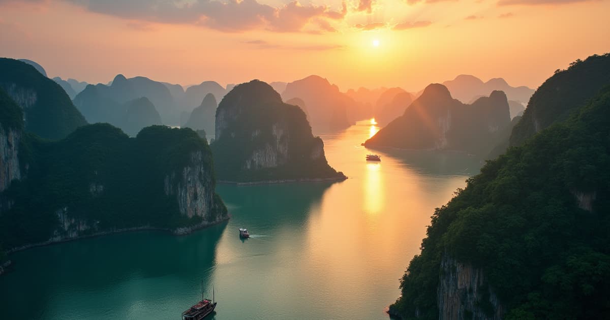 Bahía de Halong vista panorámica con formaciones kársticas al atardecer